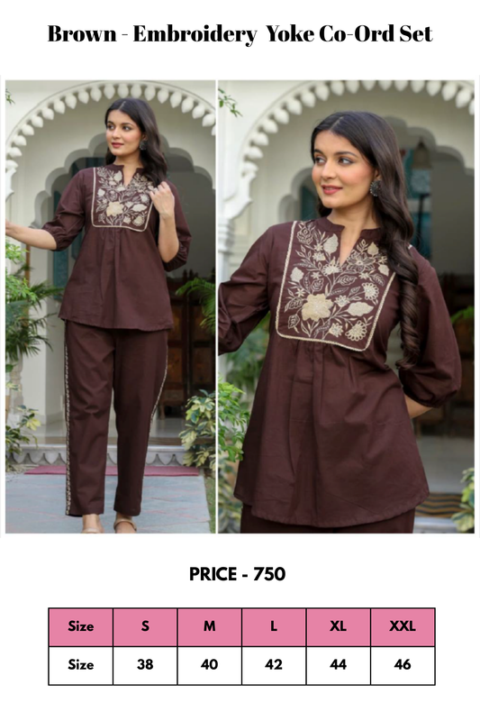 Co-Ords - Brown - Floral Embroidery Yoke Co-Ords