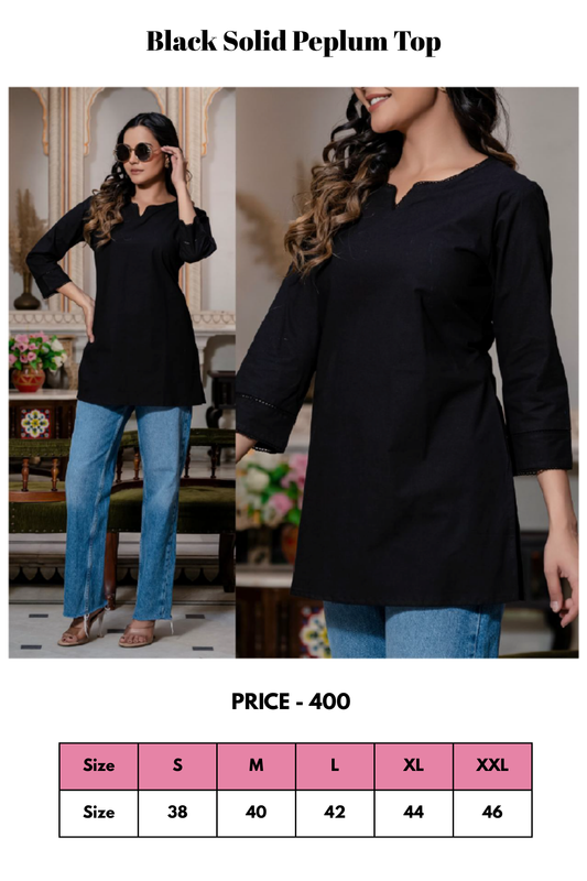 Top - Black - Solid Color Peplum Top