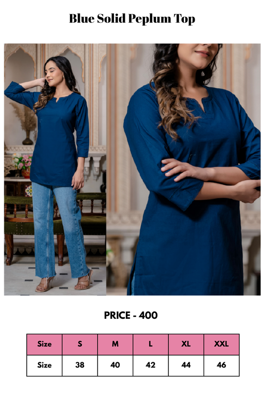Top - Blue - Solid Color Peplum Top