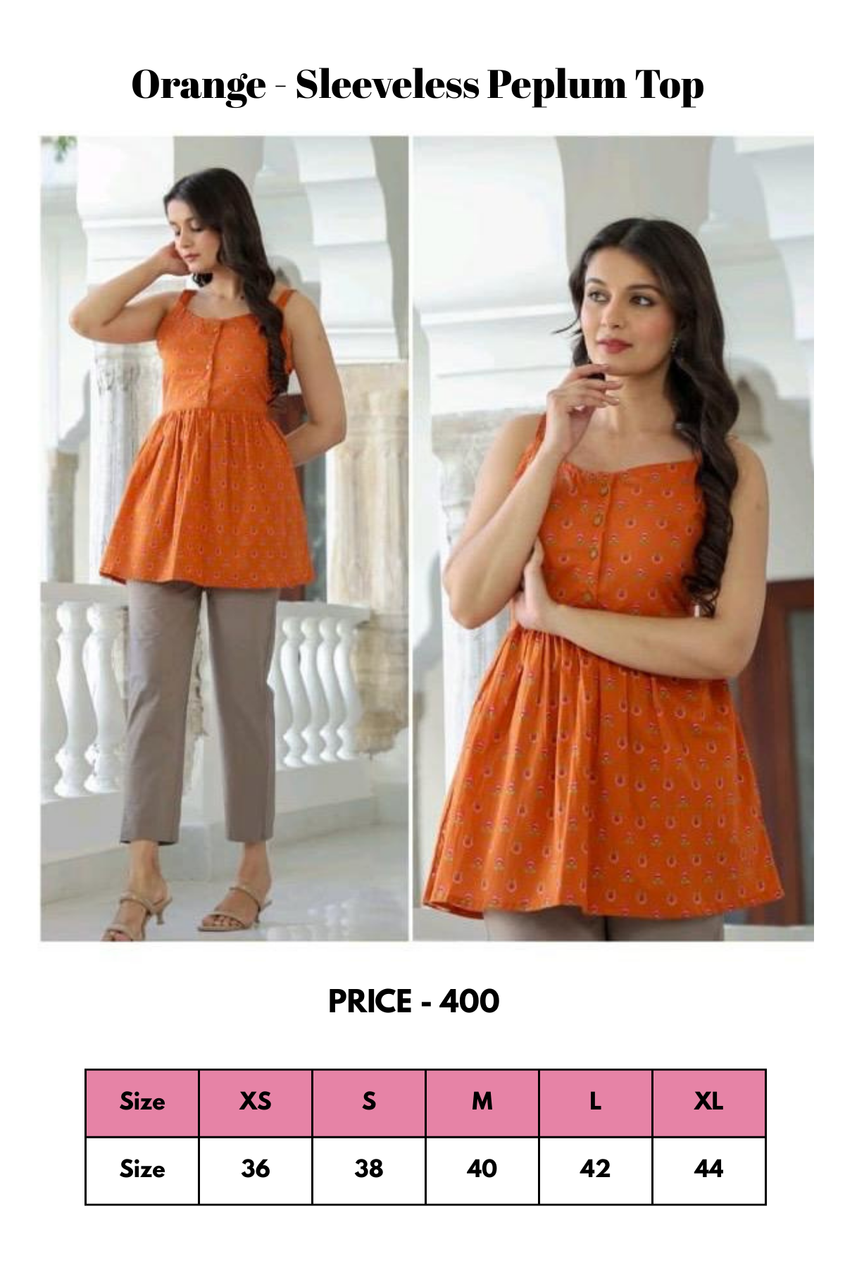 Top - Orange - Sleeveless Peplum Top