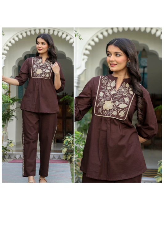 Co-Ords - Brown - Floral Embroidery Yoke Co-Ords