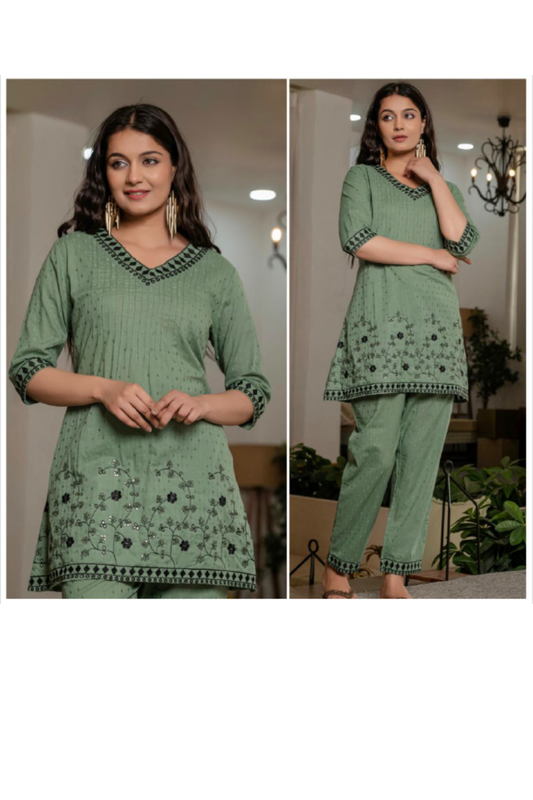 Co-Ords - Green - Dobby Embroidery Co-Ords