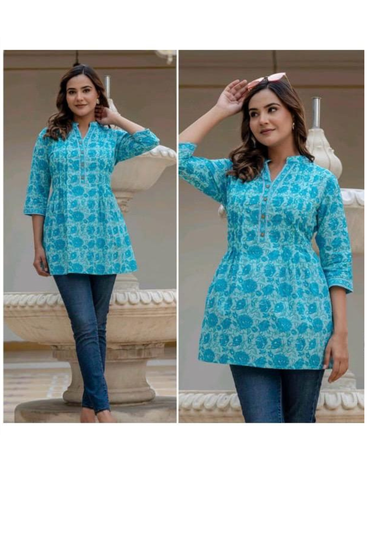 Top - Sky Blue - Pin Tux Short Kurti