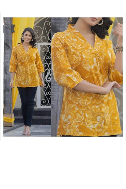 Top - Yellow - A Line V Neck Top