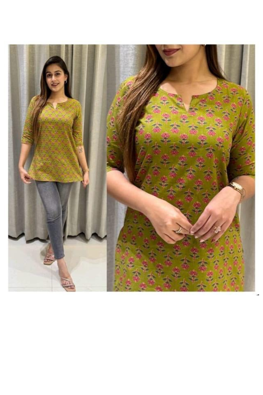 Top - Green - Round Neck V Cut Straight Top