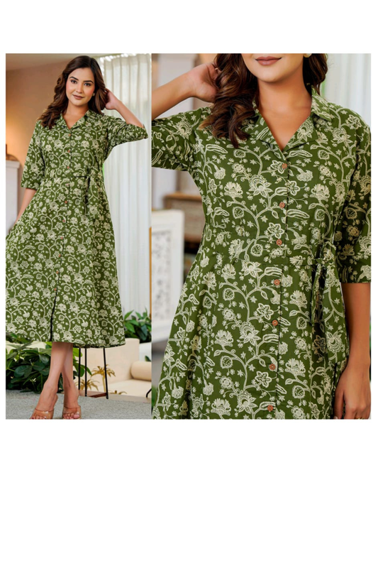 Top - Green - A Line Notched Collar Dress
