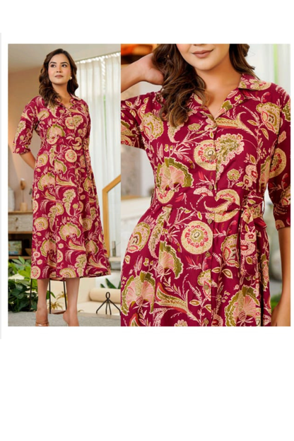 Top - Red - A Line Notched Collar Dress