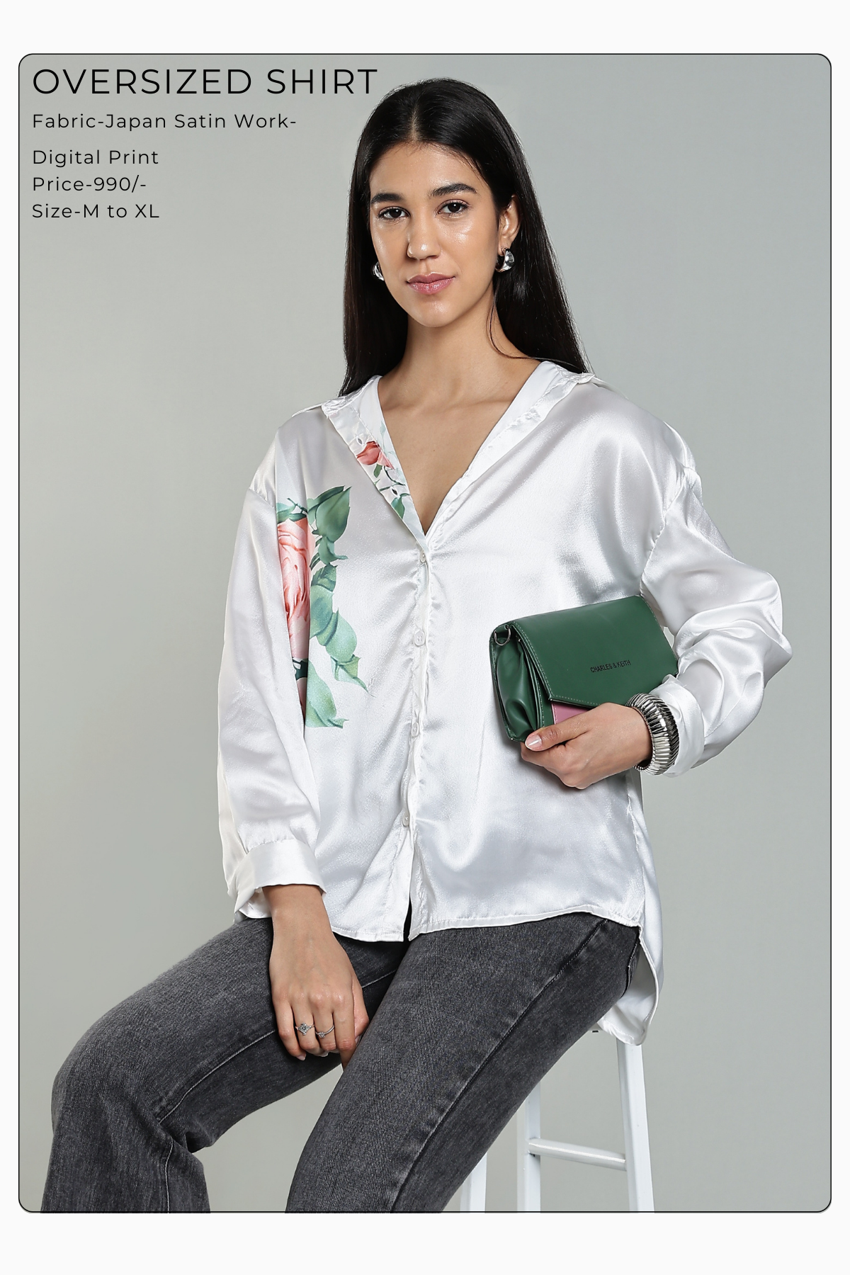 Oversized Shirt - Silver - Floral Print