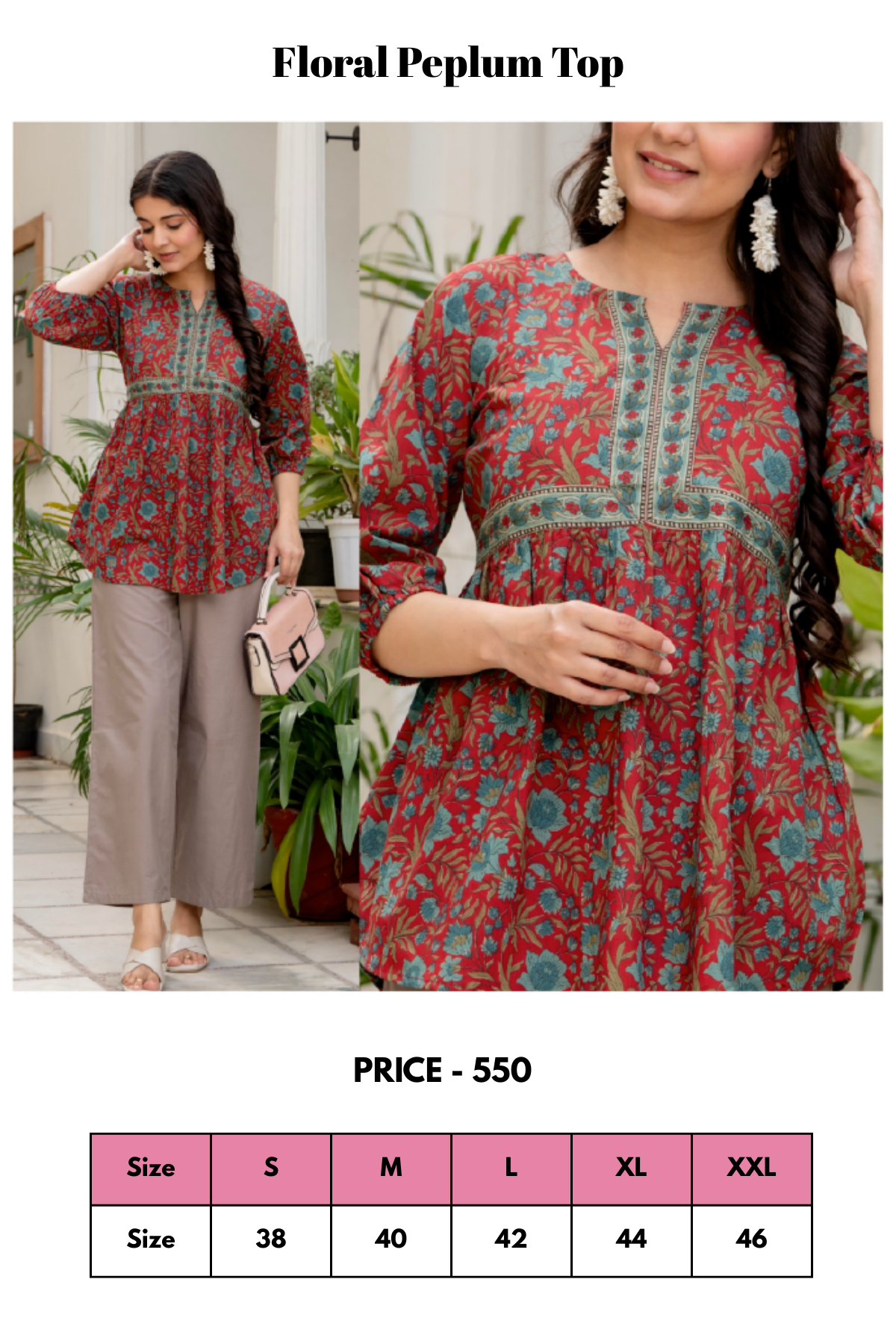 Top - Red - Floral Peplum Top