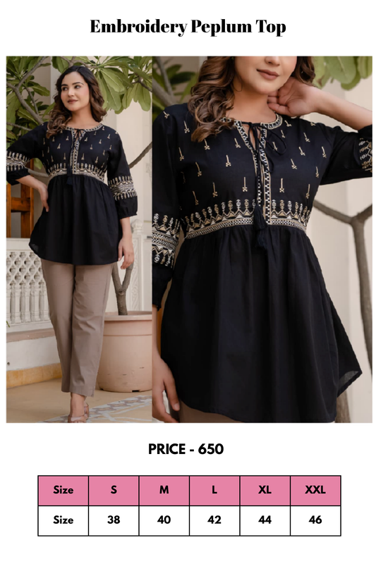Top - Black - Embroidery Peplum Top