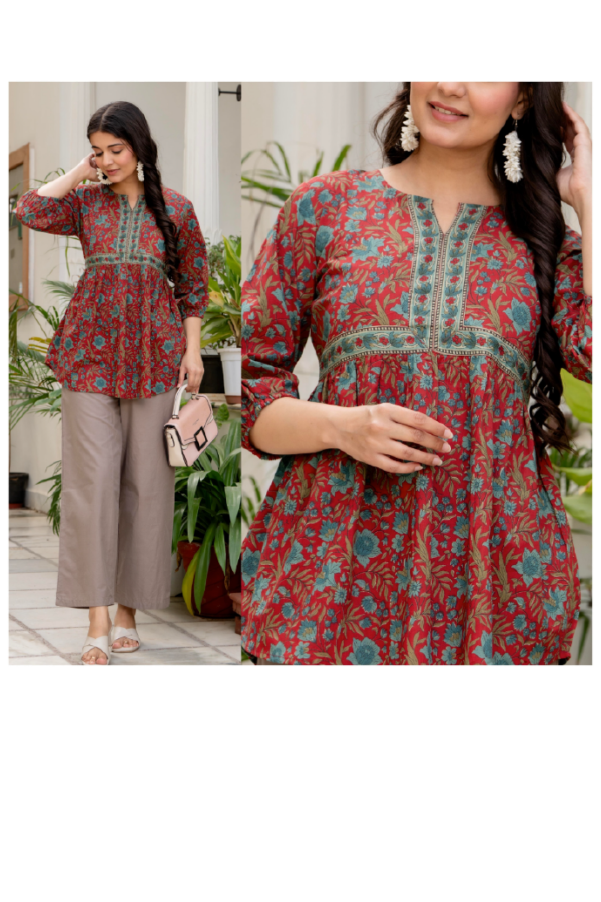 Top - Red - Floral Peplum Top