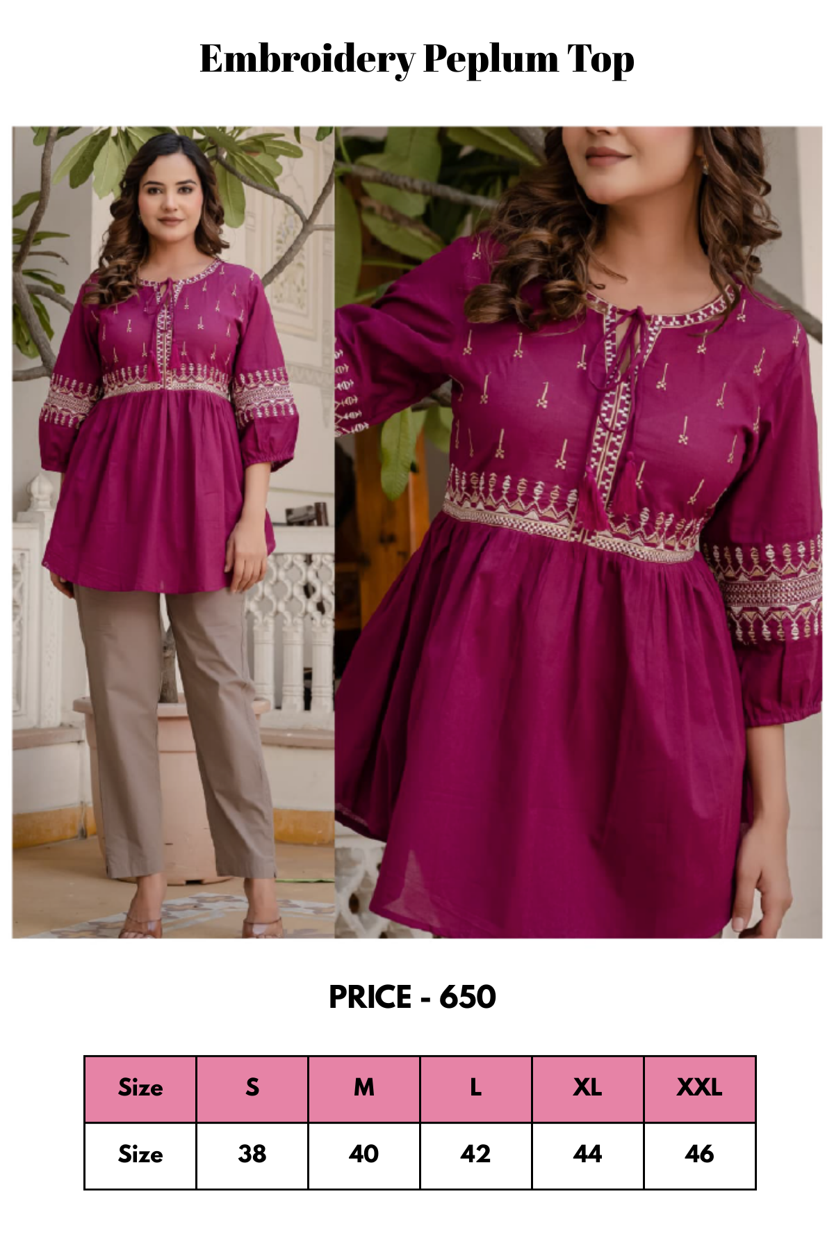 Top - Pink - Embroidery Peplum Top