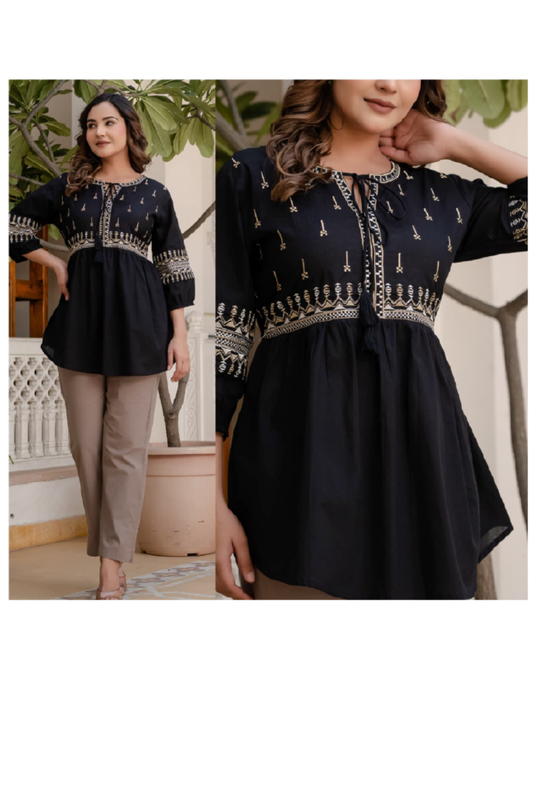 Top - Black - Embroidery Peplum Top