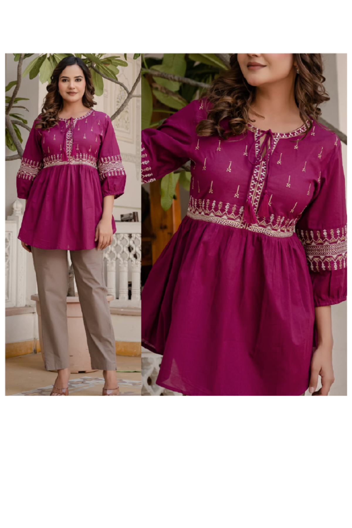 Top - Pink - Embroidery Peplum Top