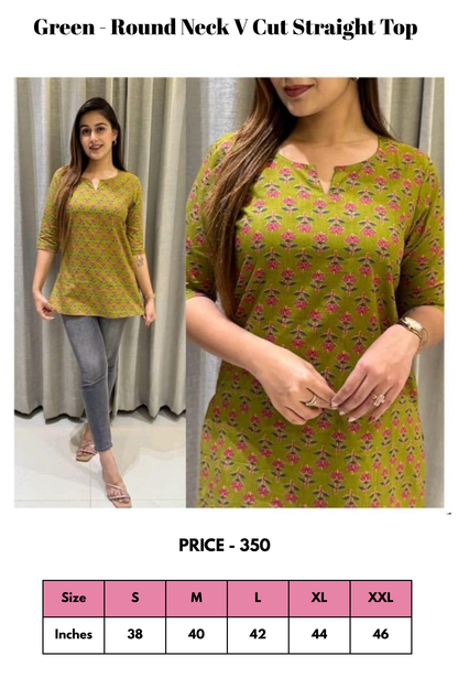 Top - Green - Round Neck V Cut Straight Top