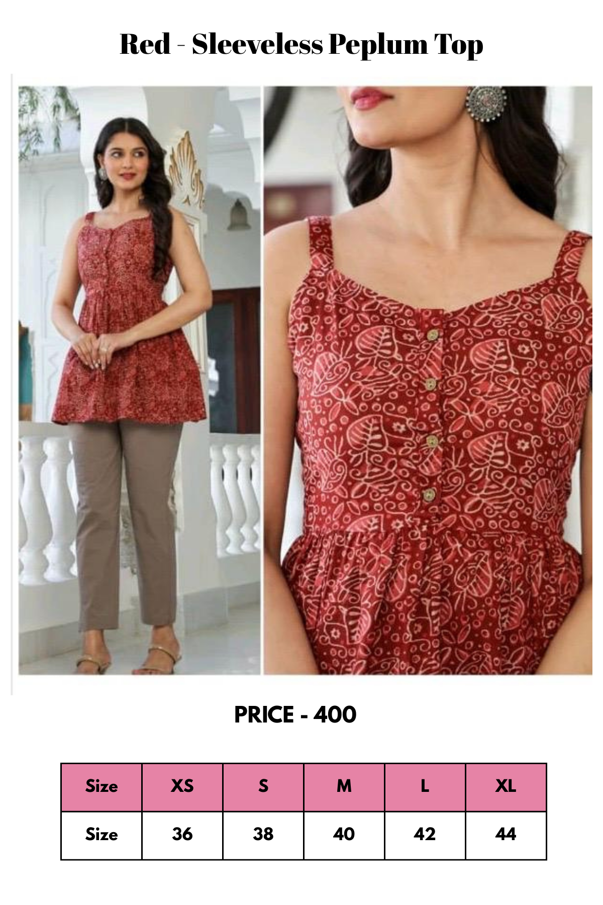 Top - Red - Sleeveless Peplum Top