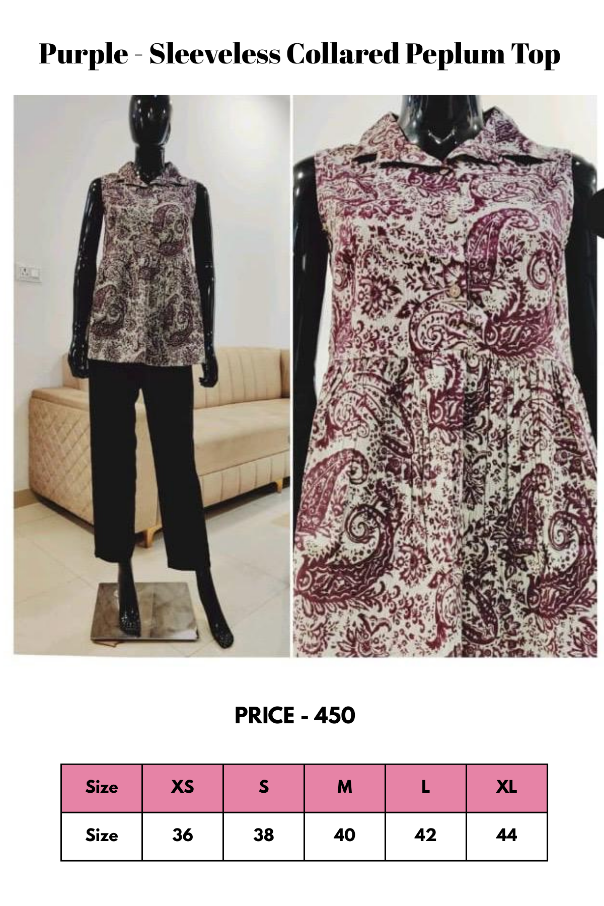 Top - Purple - Sleeveless Collared Peplum Top