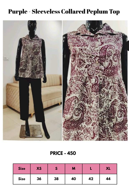 Top - Purple - Sleeveless Collared Peplum Top