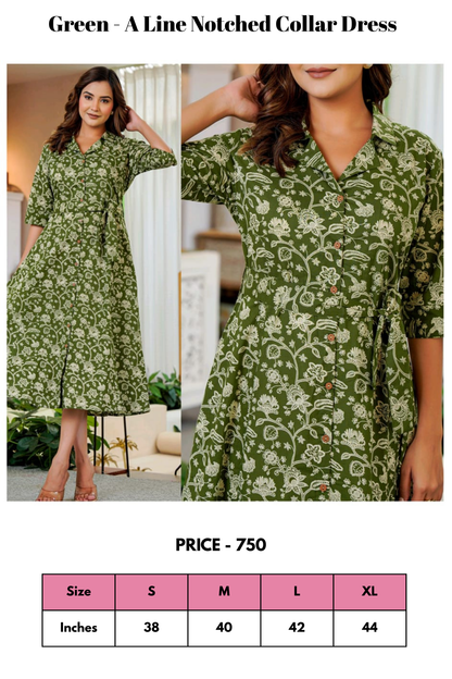 Top - Green - A Line Notched Collar Dress