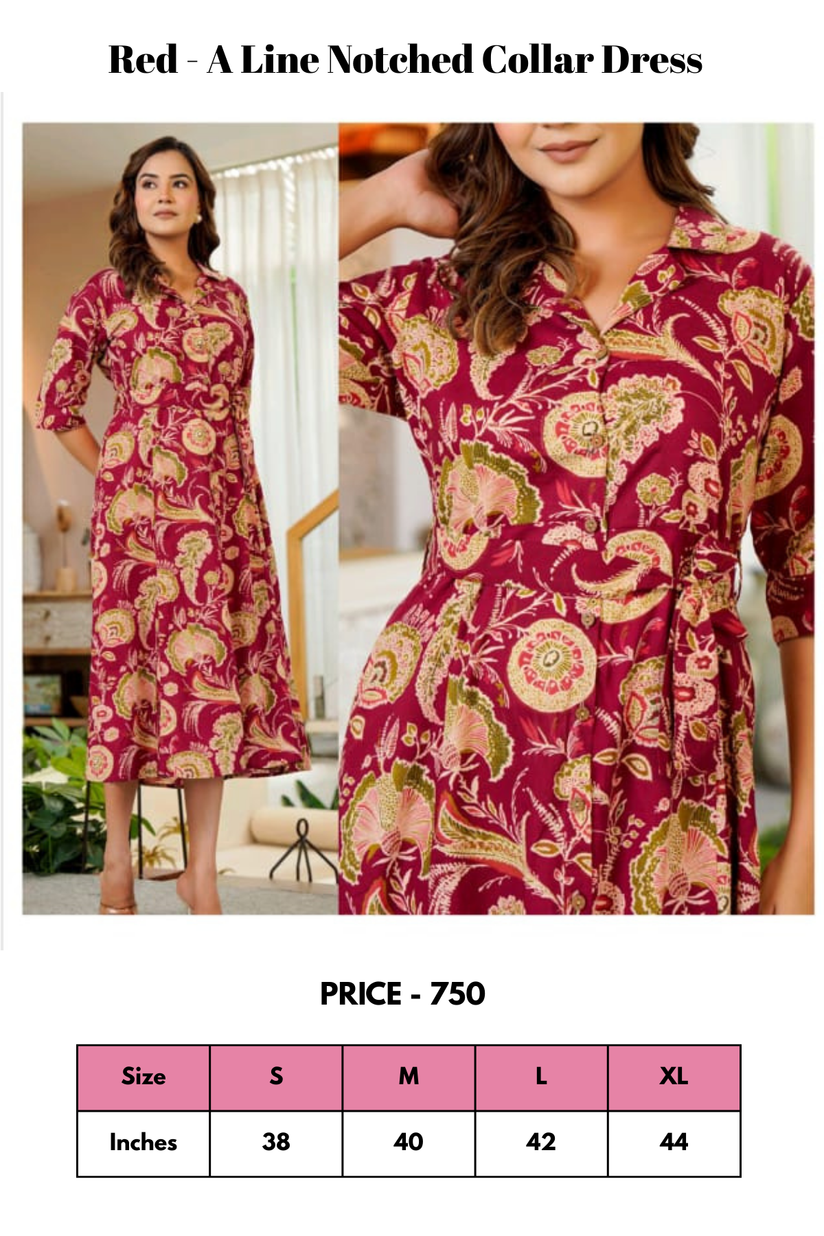 Top - Red - A Line Notched Collar Dress