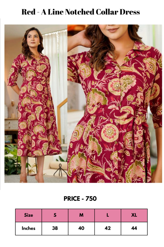 Top - Red - A Line Notched Collar Dress