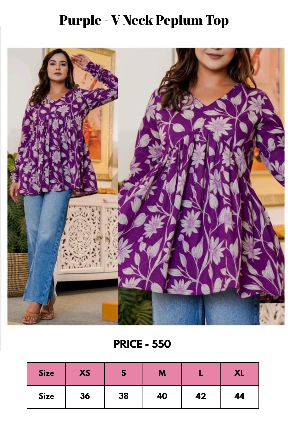 Top - Purple - V Neck Peplum Top