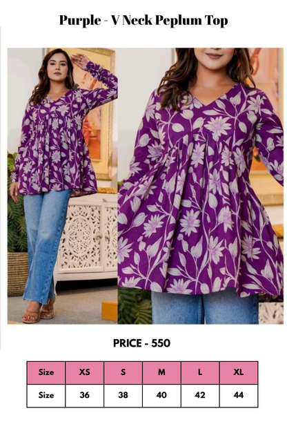 Top - Purple - V Neck Peplum Top