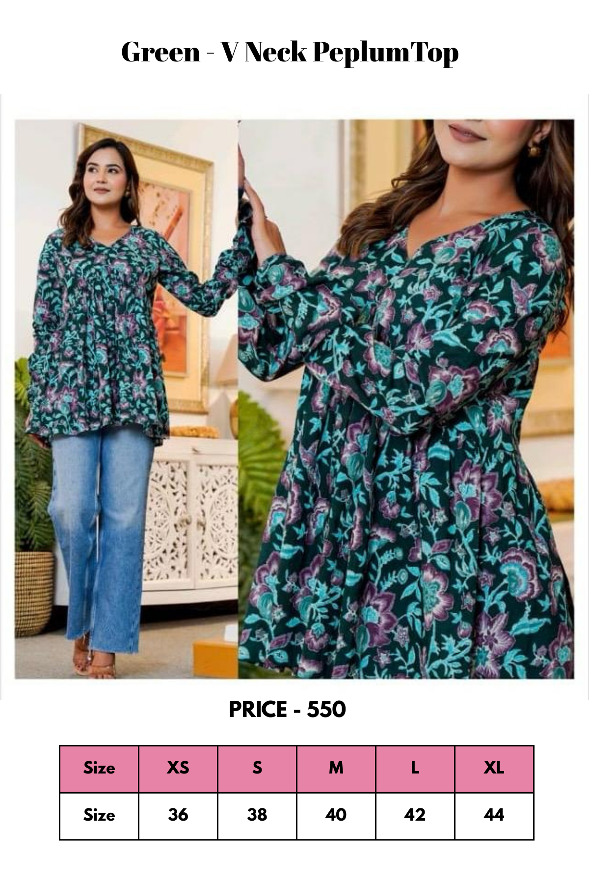 Top - Green - V Neck Peplum Top