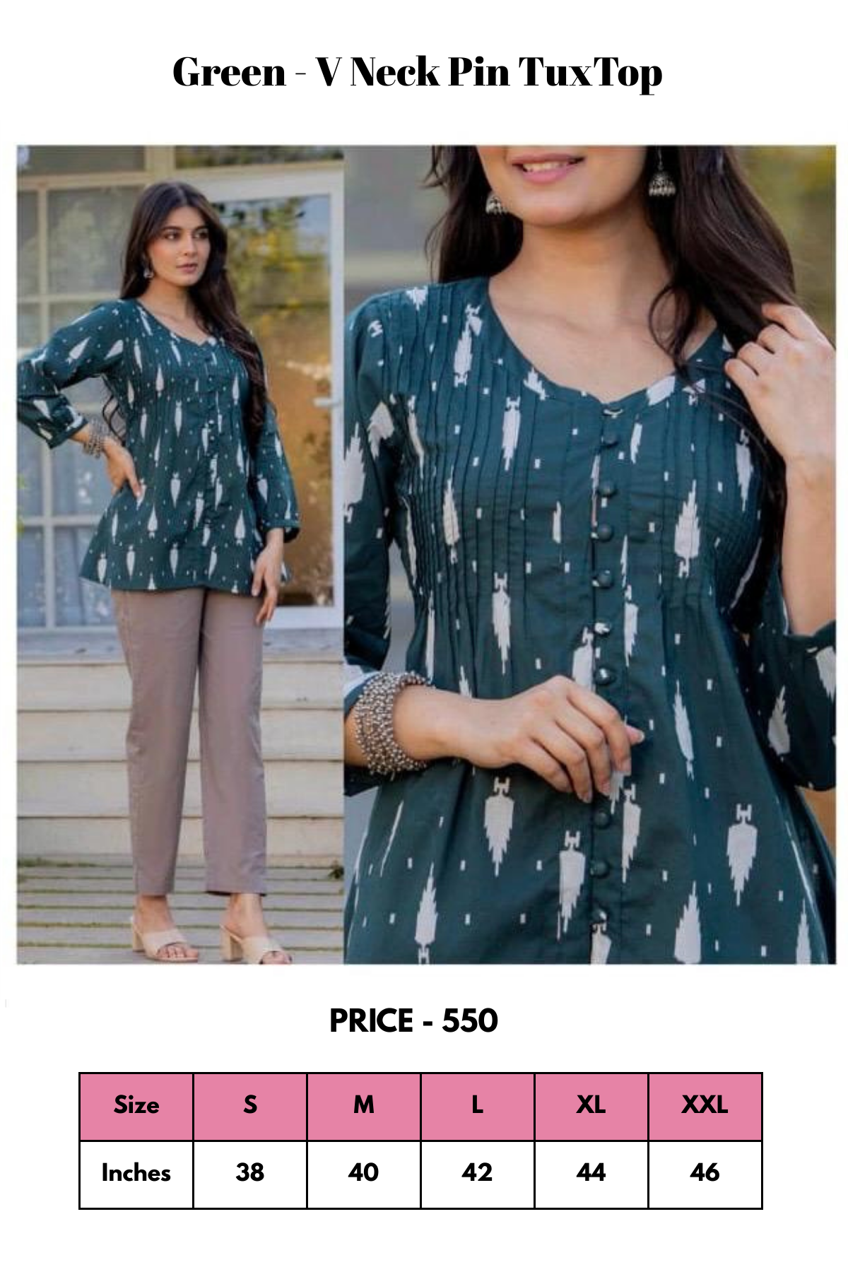 Top - Green - V Neck Pin Tux Top