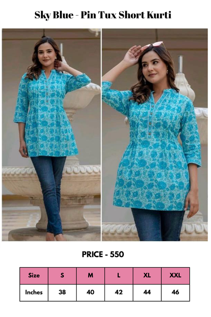 Top - Sky Blue - Pin Tux Short Kurti
