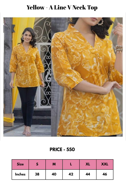 Top - Yellow - A Line V Neck Top